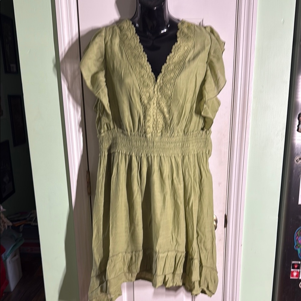 Kings Road Lt Green Boho Peasant Fairy Ruffled Sleeveless Plus Size Mini Dress